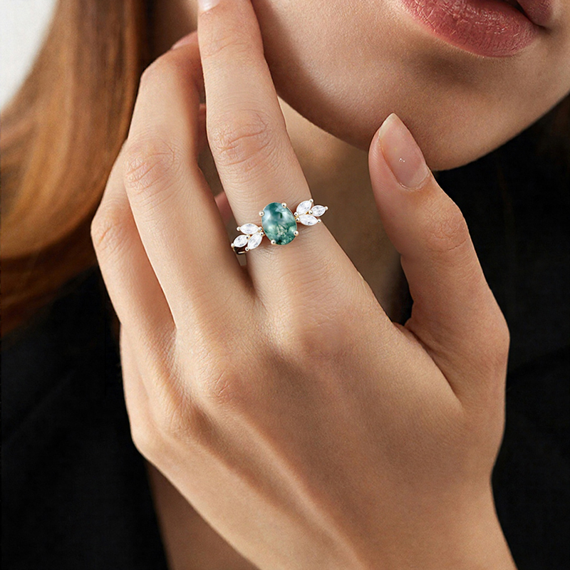 1.74CT Oval Cut Moss Agate & Marquise Cut Moissanite S925 Silver Engagement Ring