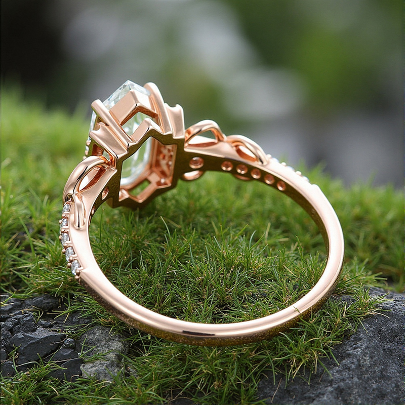 1.826CT Elongated Hexagon Cut Moss Agate & Round Cut Moissanite S925 Silver Infinity Promise Engagement Ring