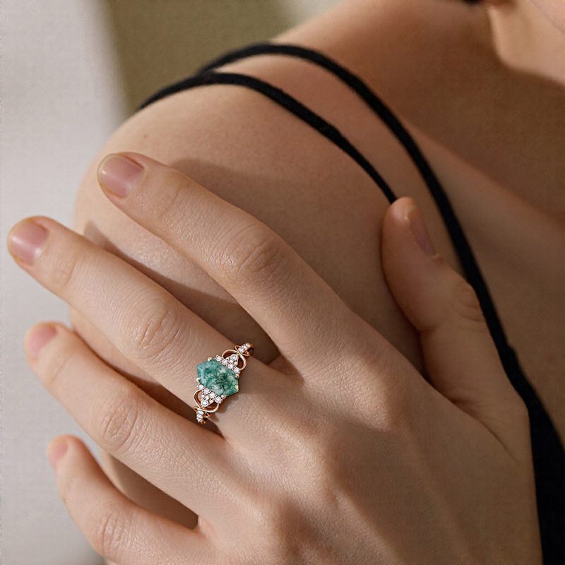 1.826CT Elongated Hexagon Cut Moss Agate & Round Cut Moissanite S925 Silver Infinity Promise Engagement Ring
