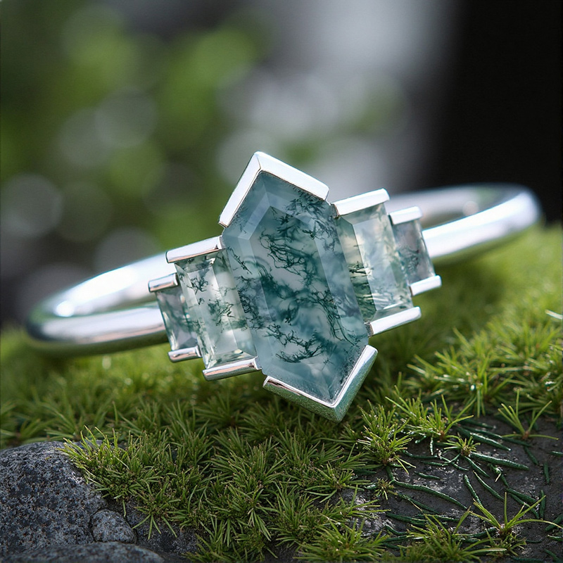 1.67CT Elongated Hexagon & Baguette Cut Moss Agate Art Deco Engagement Ring