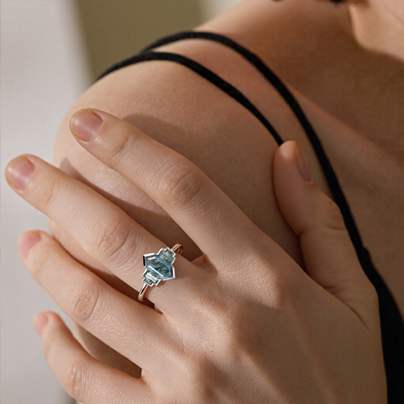 1.67CT Elongated Hexagon & Baguette Cut Moss Agate Art Deco Engagement Ring