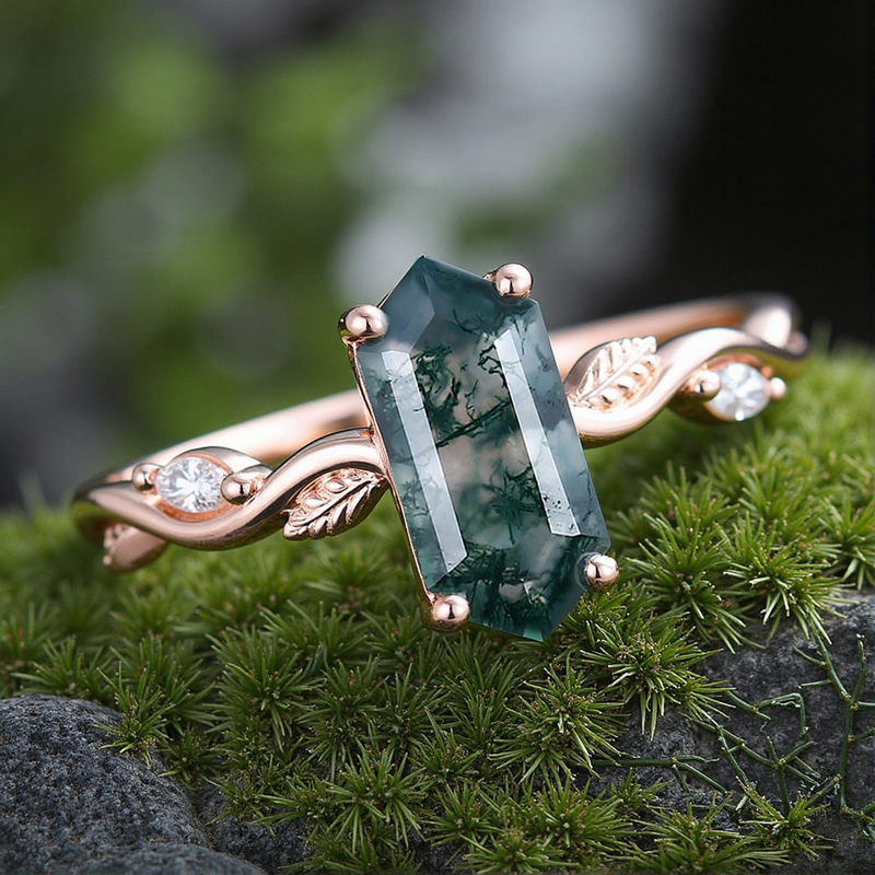 1.26CT Elongated Hexagon Cut Moss Agate & Marquise Cut Moissanite S925 Silver Nature Inspired Promis Engagement Ring