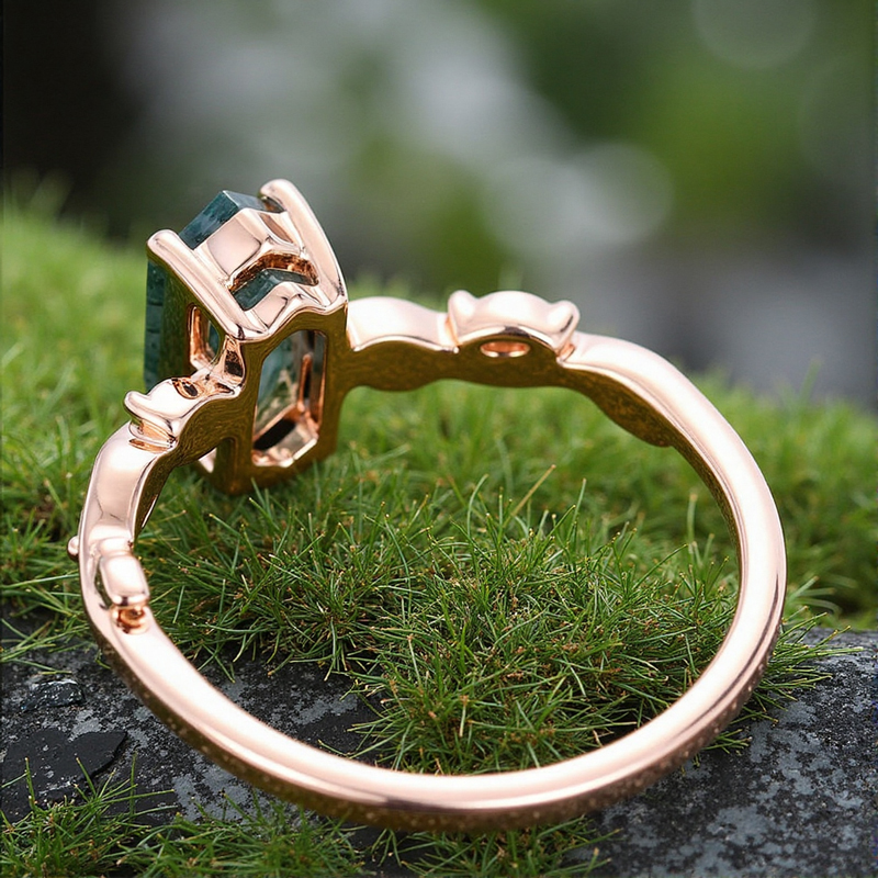 1.26CT Elongated Hexagon Cut Moss Agate & Marquise Cut Moissanite S925 Silver Nature Inspired Promis Engagement Ring