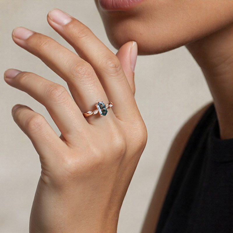 1.26CT Elongated Hexagon Cut Moss Agate & Marquise Cut Moissanite S925 Silver Nature Inspired Promis Engagement Ring
