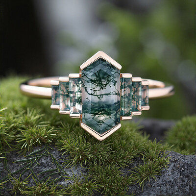 1.6CT Elongated Hexagon Moss Agate Baguette Accented Bridal S925 Silver Engagement Ring