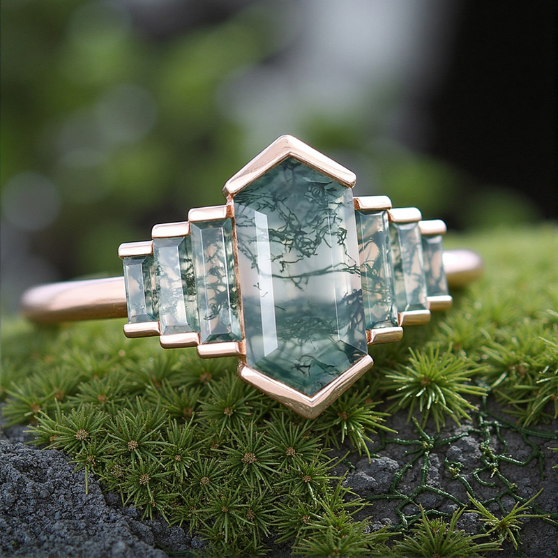 1.6CT Elongated Hexagon Moss Agate Baguette Accented Bridal S925 Silver Engagement Ring 1.6CT Elongated Hexagon Moss Agate Baguette Accented Bridal S925 Silver Engagement Ring