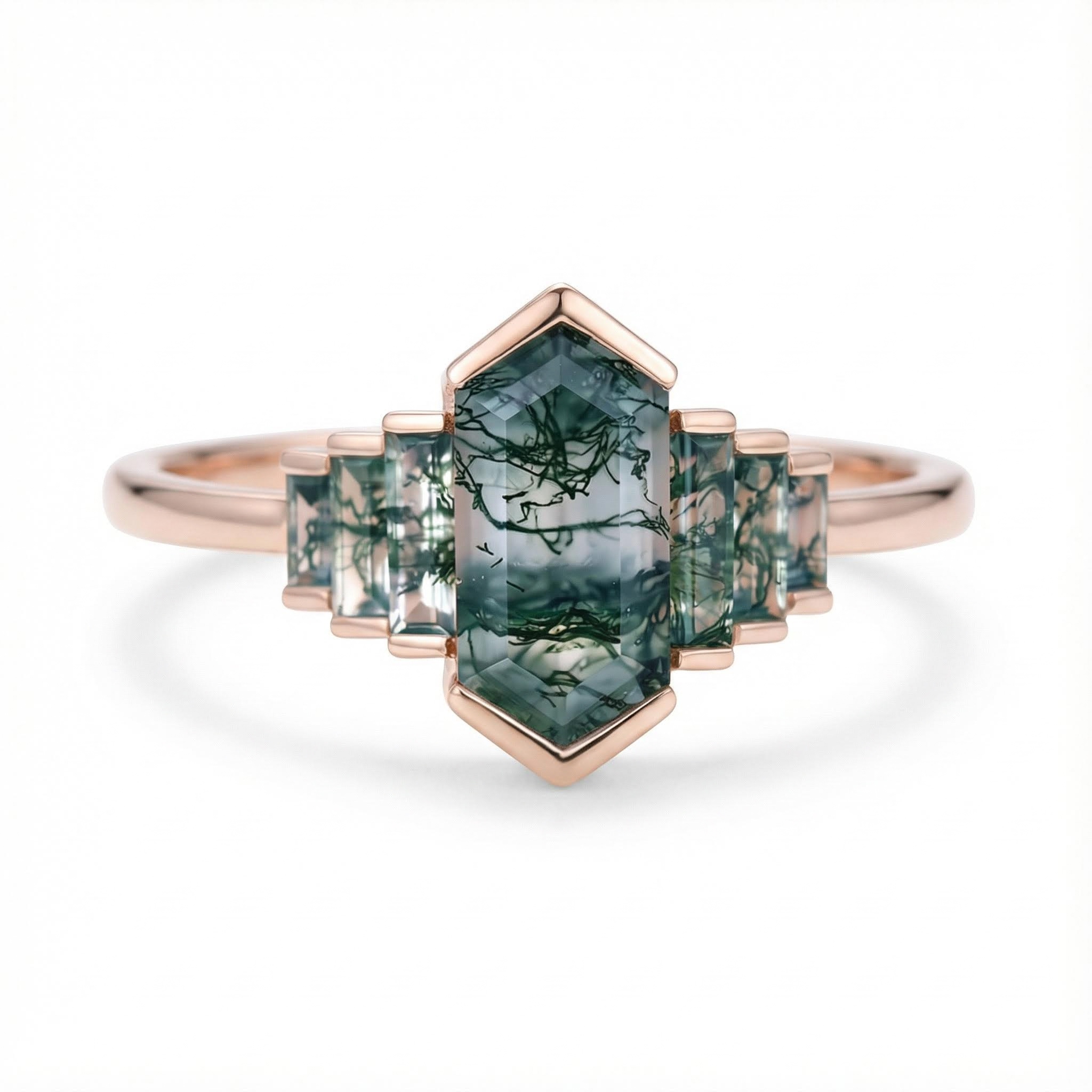 1.6CT Elongated Hexagon Moss Agate Baguette Accented Bridal S925 Silver Engagement Ring 1.6CT Elongated Hexagon Moss Agate Baguette Accented Bridal S925 Silver Engagement Ring