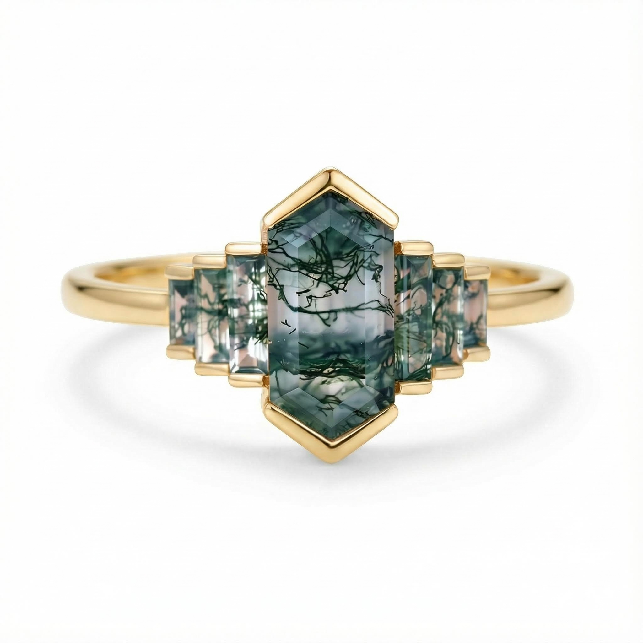 1.6CT Elongated Hexagon Moss Agate Baguette Accented Bridal S925 Silver Engagement Ring 1.6CT Elongated Hexagon Moss Agate Baguette Accented Bridal S925 Silver Engagement Ring