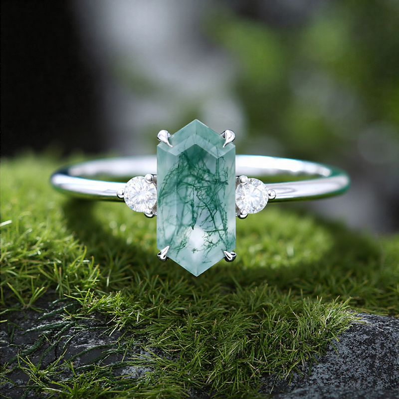 1.26CT Elongated Hexagon Cut Moss Agate Three Stone S925 Silver Engagement Ring