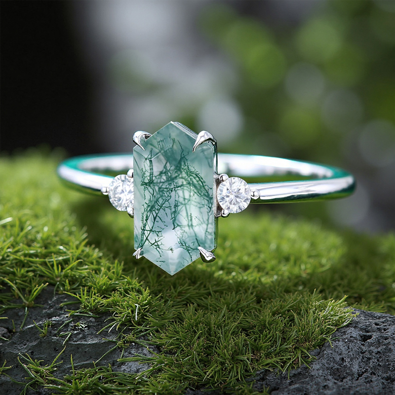 1.26CT Elongated Hexagon Cut Moss Agate Three Stone S925 Silver Engagement Ring