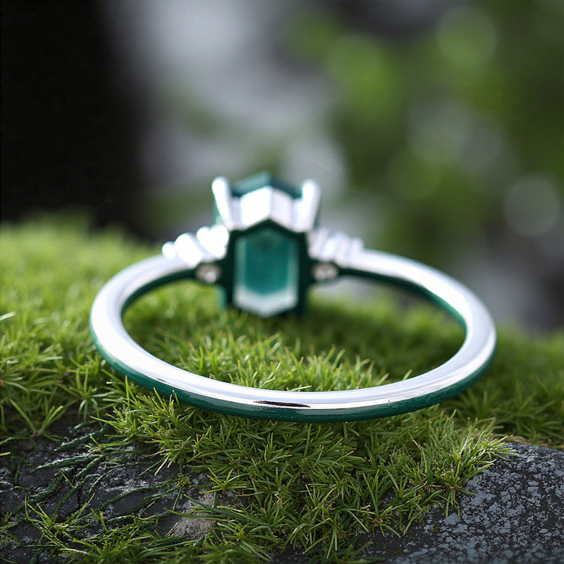 1.26CT Elongated Hexagon Cut Moss Agate Three Stone S925 Silver Engagement Ring
