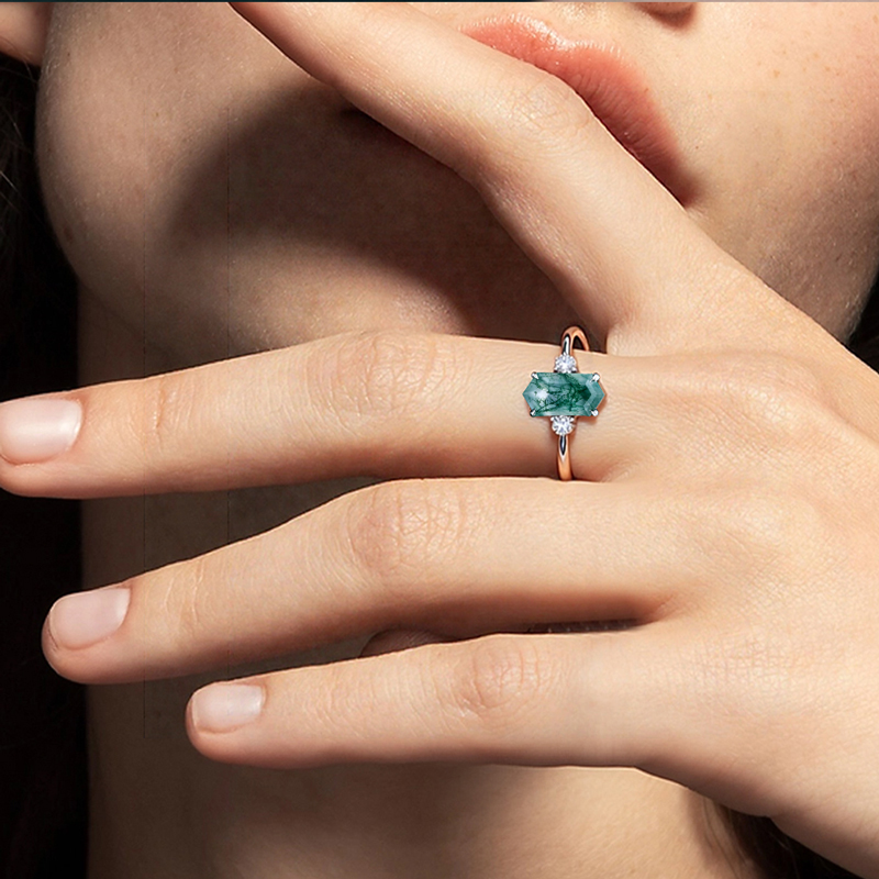 1.26CT Elongated Hexagon Cut Moss Agate Three Stone S925 Silver Engagement Ring