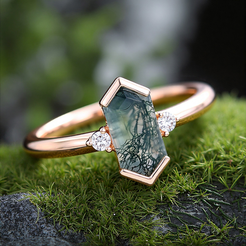 1.26CT Elongated Hexagon Cut Moss Agate & Round Cut Moissanite S925 Silver Engagement Ring