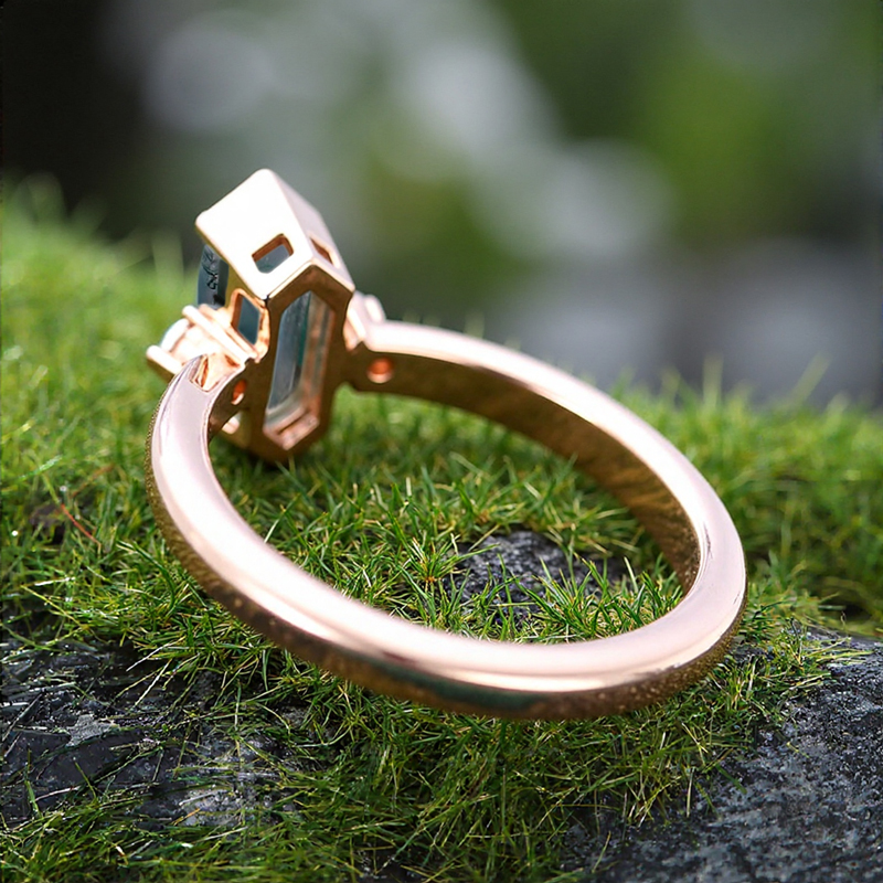 1.26CT Elongated Hexagon Cut Moss Agate & Round Cut Moissanite S925 Silver Engagement Ring