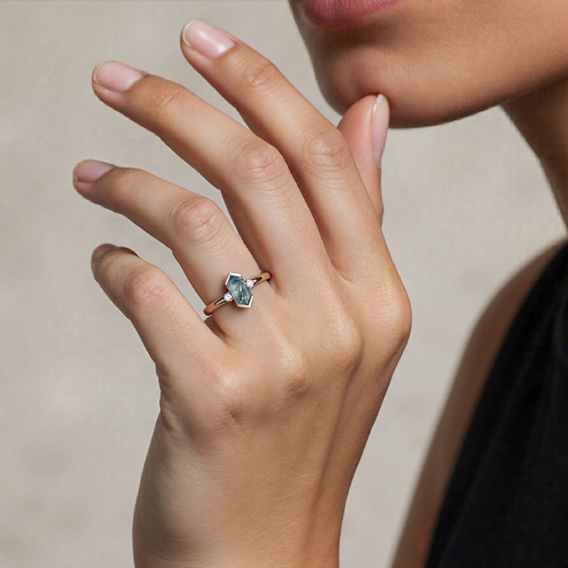 1.26CT Elongated Hexagon Cut Moss Agate & Round Cut Moissanite S925 Silver Engagement Ring