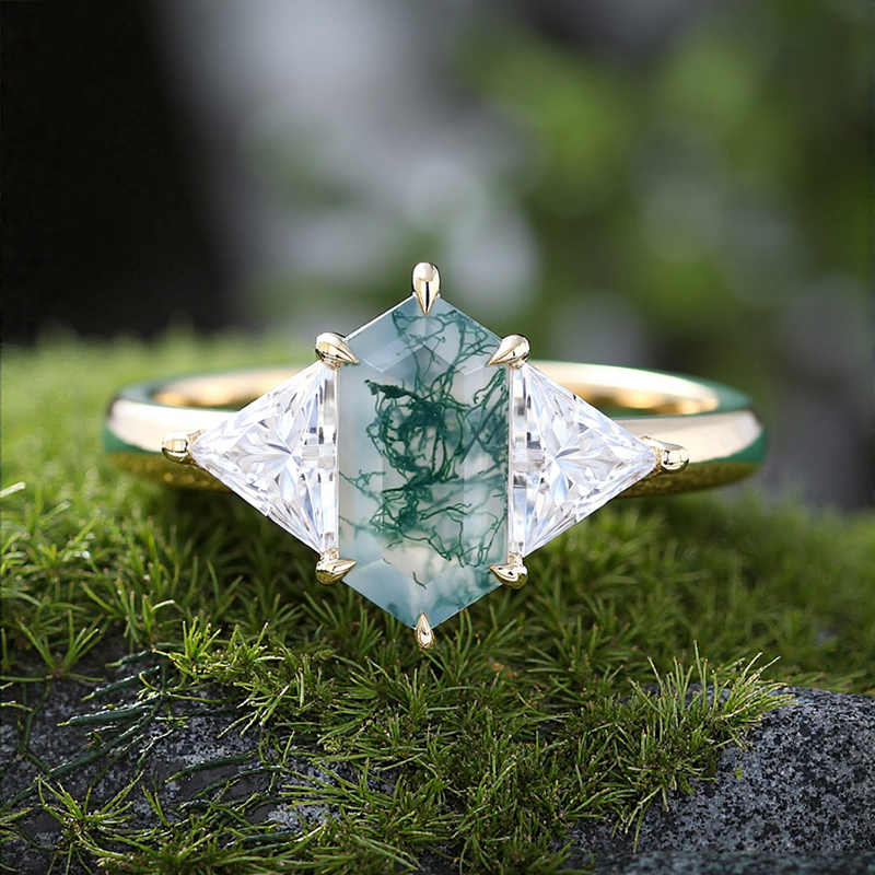 1.6CT Elongated Hexagon Cut Moss Agate Three Stone Promise S925 Silver Engagement Ring