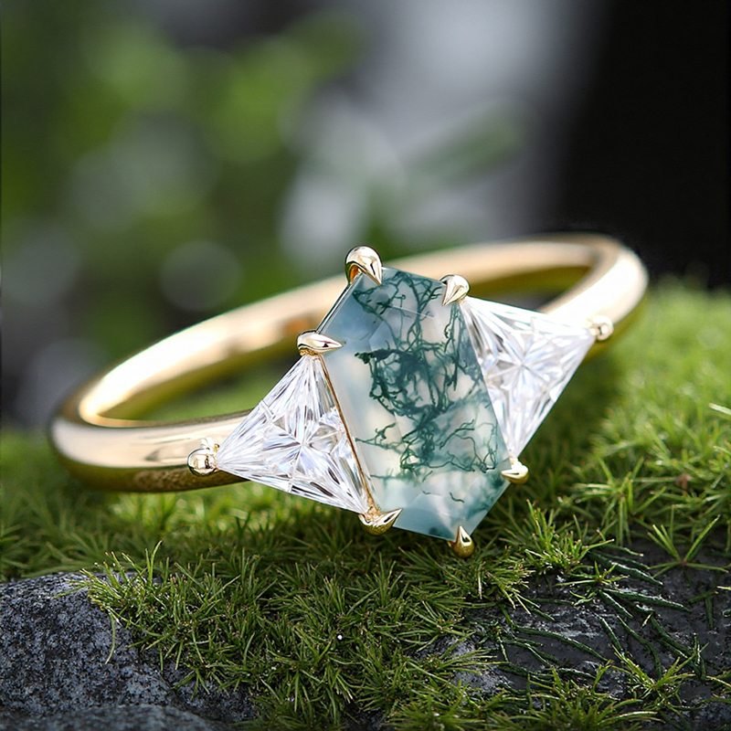1.6CT Elongated Hexagon Cut Moss Agate Three Stone Promise S925 Silver Engagement Ring