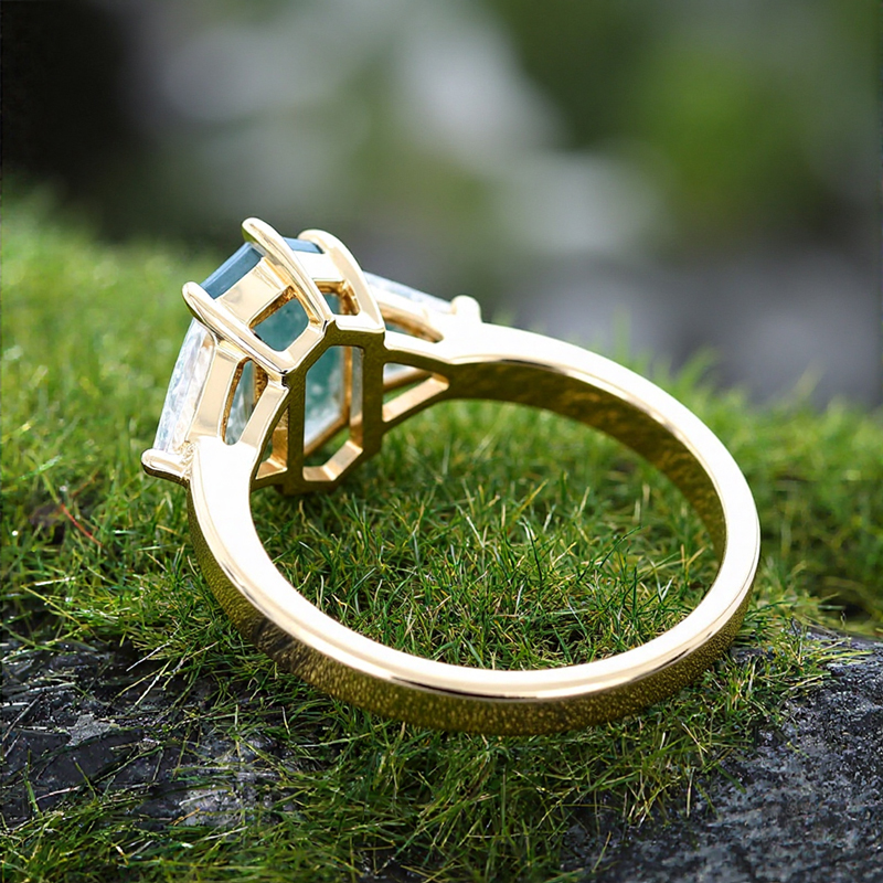 1.6CT Elongated Hexagon Cut Moss Agate Three Stone Promise S925 Silver Engagement Ring