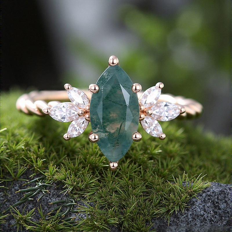 1.24CT Marquise Cut Moss Agate & Moissanite S925 Silver Engagement Ring 1.24CT Marquise Cut Moss Agate & Moissanite S925 Silver Engagement Ring
