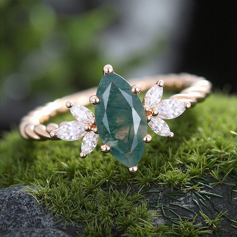 1.24CT Marquise Cut Moss Agate & Moissanite S925 Silver Engagement Ring 1.24CT Marquise Cut Moss Agate & Moissanite S925 Silver Engagement Ring