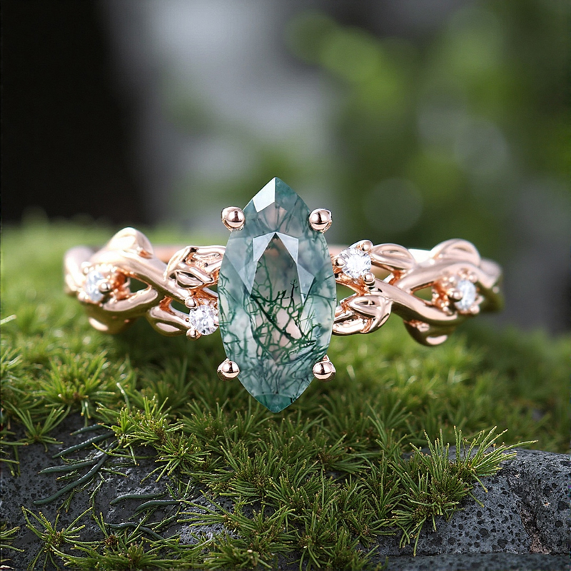 1.06CT Navette Flow Marquise Cut Moss Agate & Round Cut Moissanite S925 Silver Engagement Ring