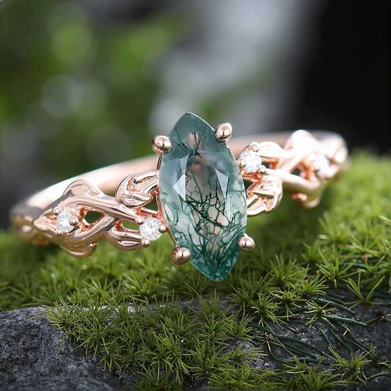 1.06CT Navette Flow Marquise Cut Moss Agate & Round Cut Moissanite S925 Silver Engagement Ring