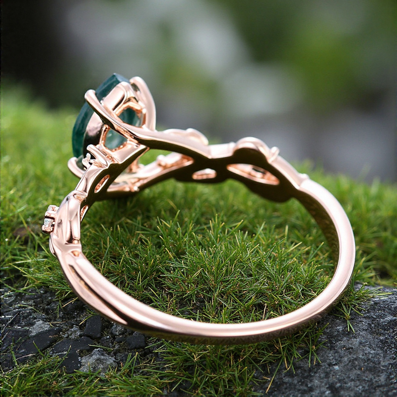 1.06CT Navette Flow Marquise Cut Moss Agate & Round Cut Moissanite S925 Silver Engagement Ring