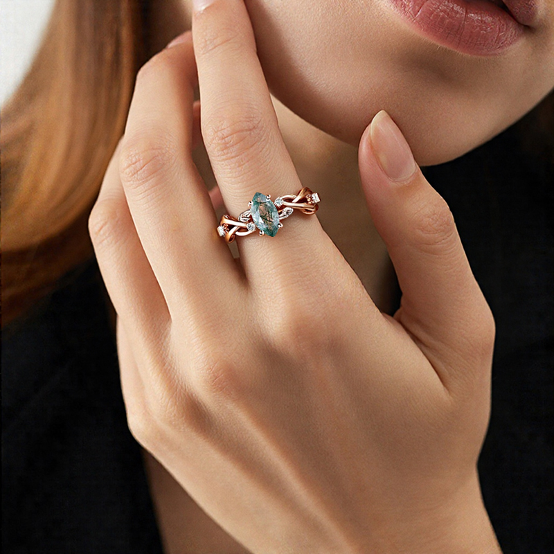 1.06CT Navette Flow Marquise Cut Moss Agate & Round Cut Moissanite S925 Silver Engagement Ring