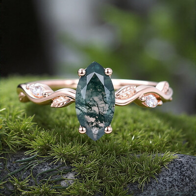 1.06CT Marquise Cut Moss Agate & Moissanite S925 Silver Engagement Ring