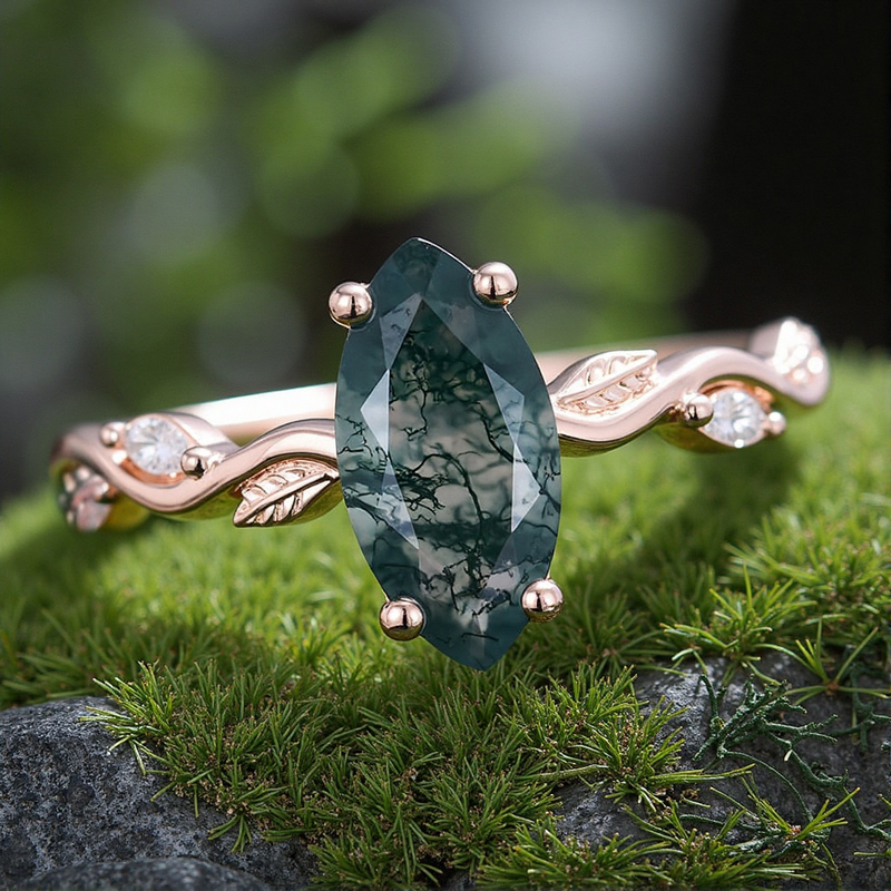 1.06CT Marquise Cut Moss Agate & Moissanite S925 Silver Engagement Ring 1.06CT Marquise Cut Moss Agate & Moissanite S925 Silver Engagement Ring