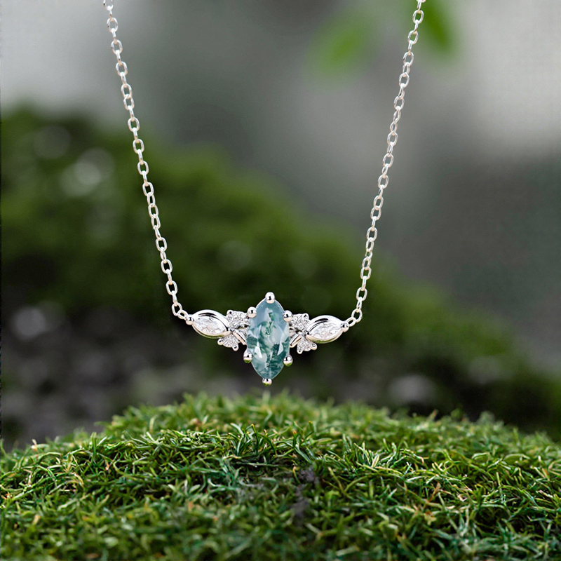 1.12CT Marquise Cut Moss Agate & Round Cut Moissanite S925 Silver Pendant Necklace