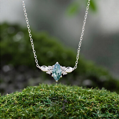1.12CT Marquise Cut Moss Agate & Round Cut Moissanite S925 Silver Pendant Necklace