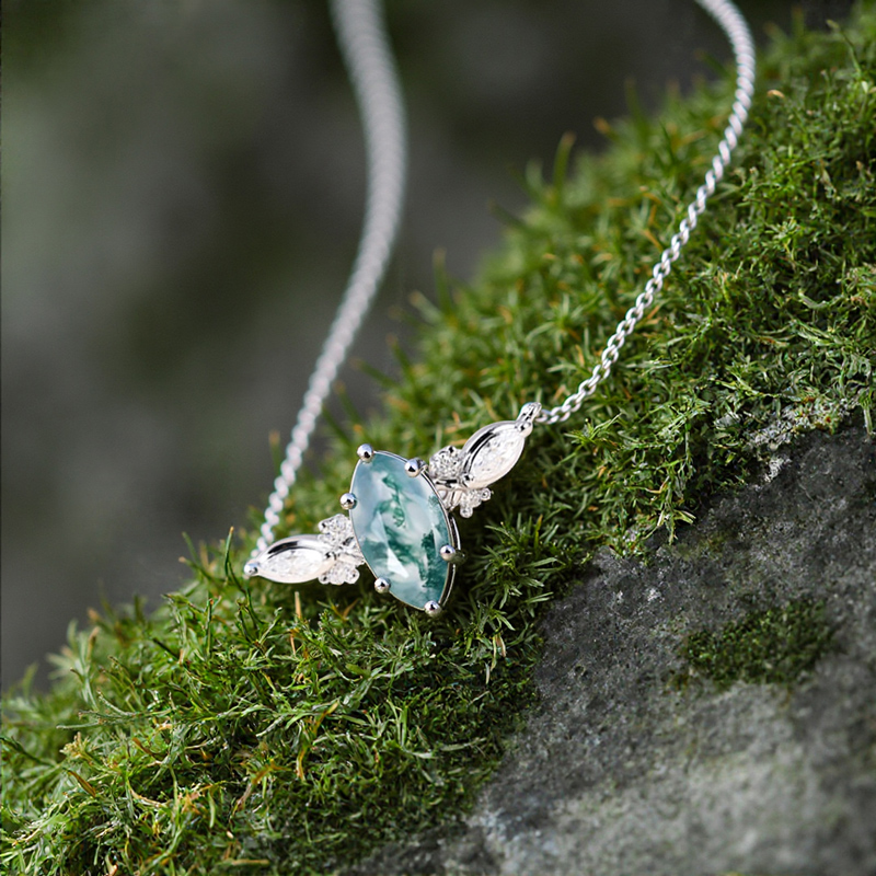 1.12CT Marquise Cut Moss Agate & Round Cut Moissanite S925 Silver Pendant Necklace