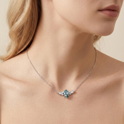 1.12CT Marquise Cut Moss Agate & Round Cut Moissanite S925 Silver Pendant Necklace