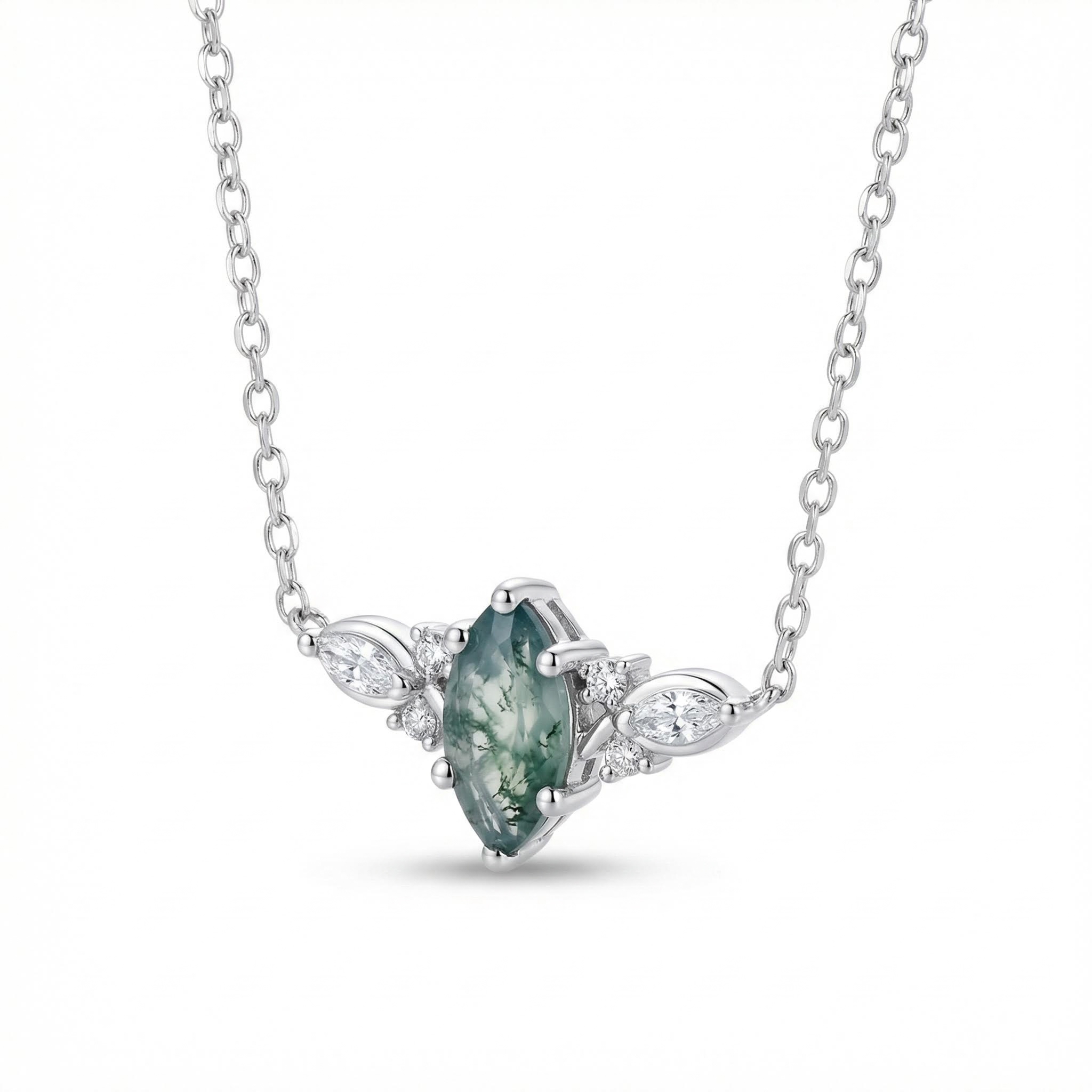 1.12CT Marquise Cut Moss Agate & Round Cut Moissanite S925 Silver Pendant Necklace