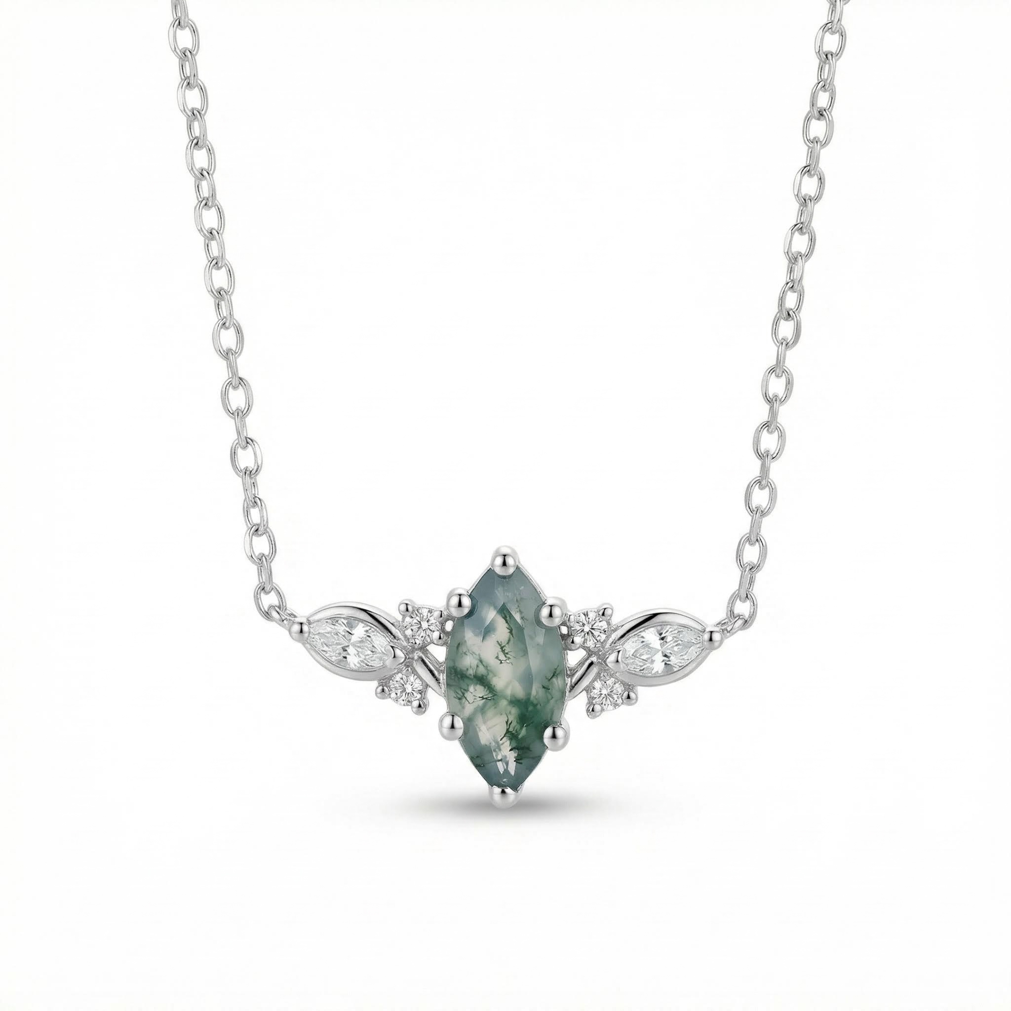 1.12CT Marquise Cut Moss Agate & Round Cut Moissanite S925 Silver Pendant Necklace