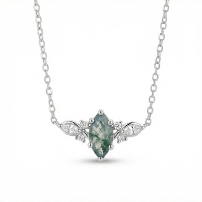 1.12CT Marquise Cut Moss Agate & Round Cut Moissanite S925 Silver Pendant Necklace