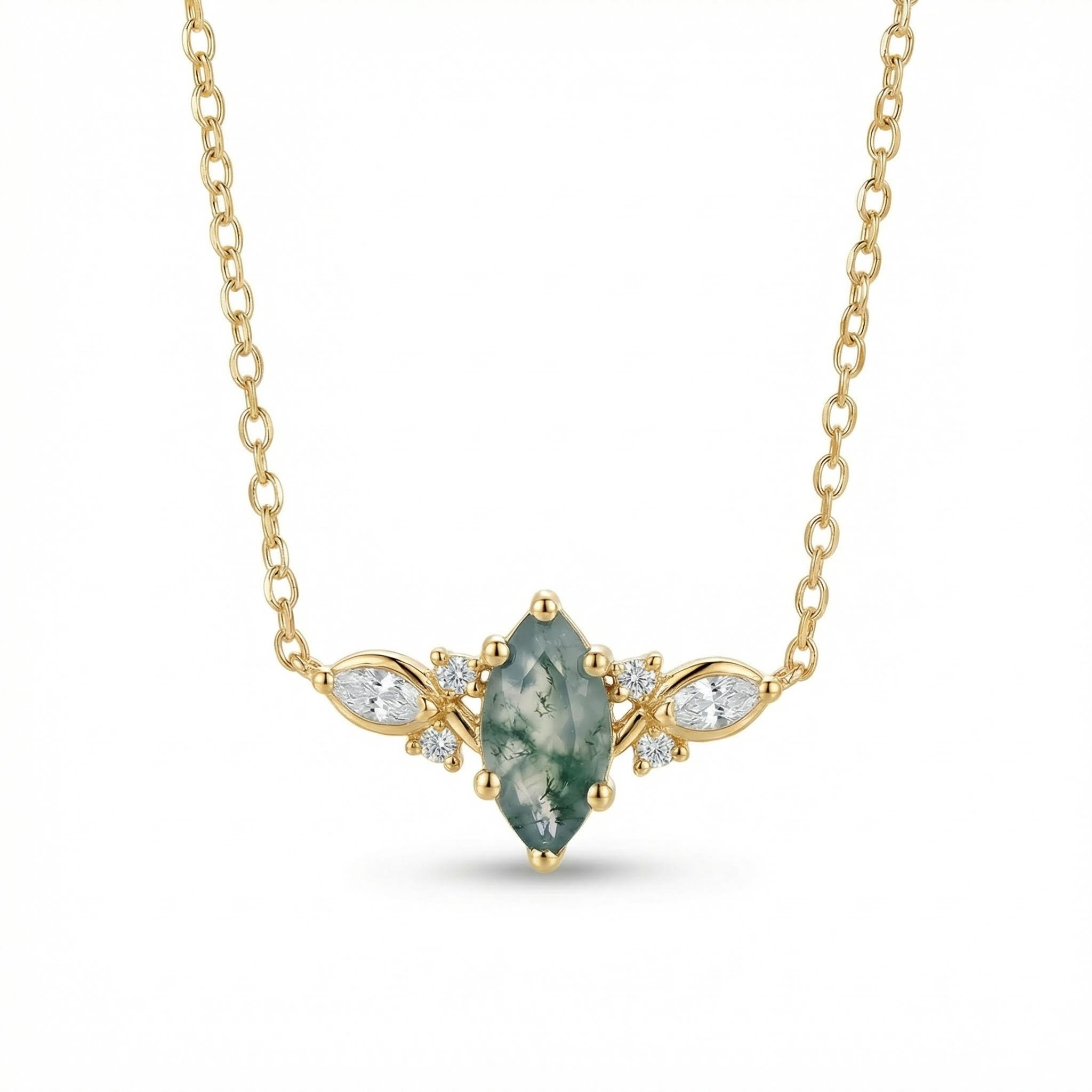 1.12CT Marquise Cut Moss Agate & Round Cut Moissanite S925 Silver Pendant Necklace