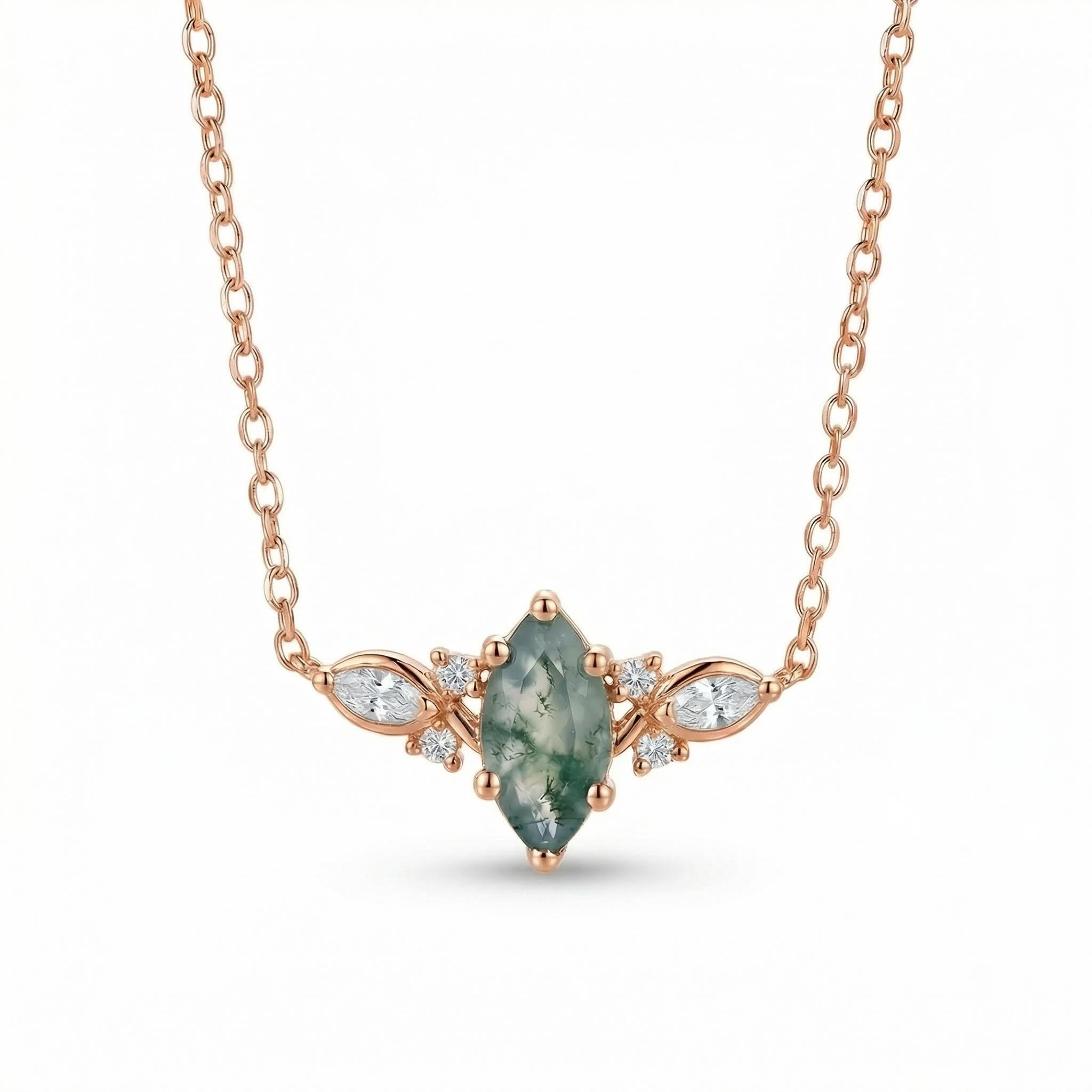 1.12CT Marquise Cut Moss Agate & Round Cut Moissanite S925 Silver Pendant Necklace