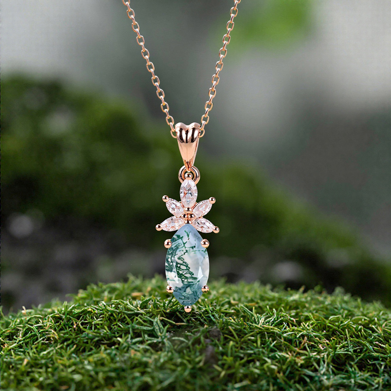 1.18CT Marquise Cut Moss Agate & Moissanite S925 Silver Pendant Necklace