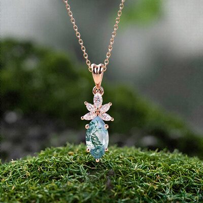 1.18CT Marquise Cut Moss Agate & Moissanite S925 Silver Pendant Necklace