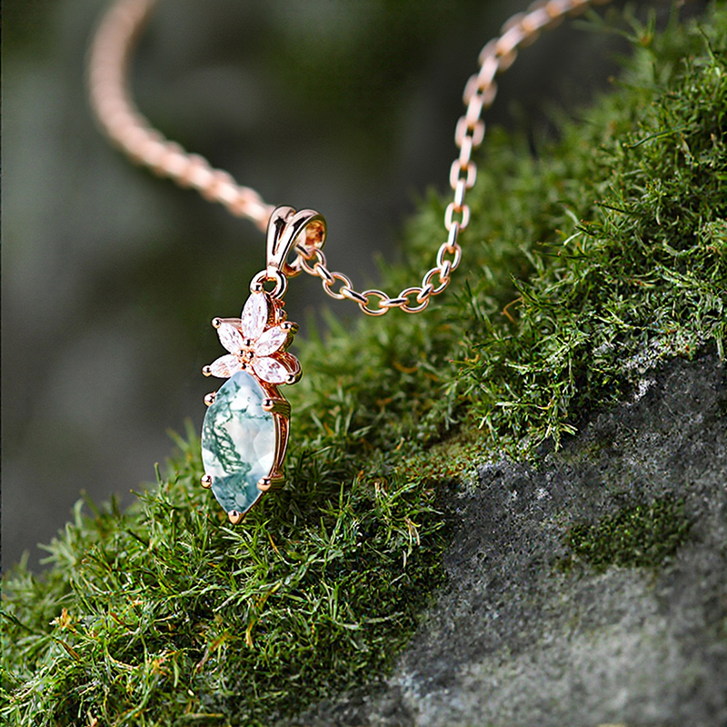 1.18CT Marquise Cut Moss Agate & Moissanite S925 Silver Pendant Necklace