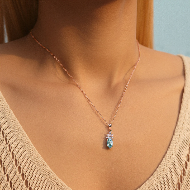 1.18CT Marquise Cut Moss Agate & Moissanite S925 Silver Pendant Necklace