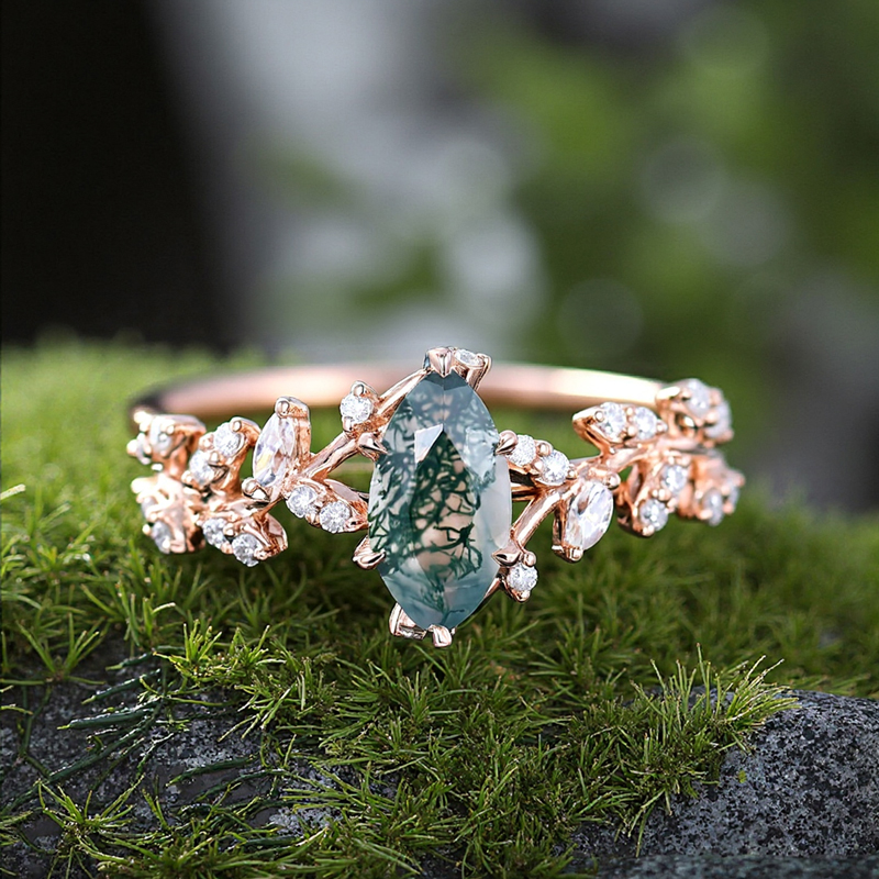 1.28CT Marquise Cut Moss Agate & Round Cut Moissanite S925 Silver Engagement Ring