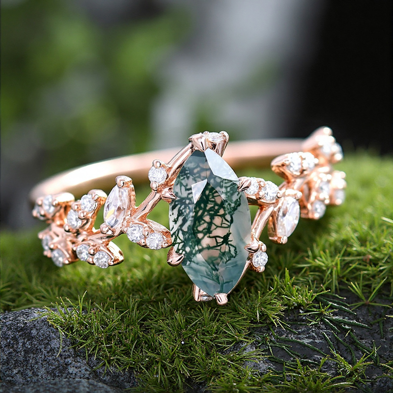 1.28CT Marquise Cut Moss Agate & Round Cut Moissanite S925 Silver Engagement Ring