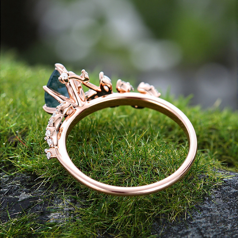 1.28CT Marquise Cut Moss Agate & Round Cut Moissanite S925 Silver Engagement Ring