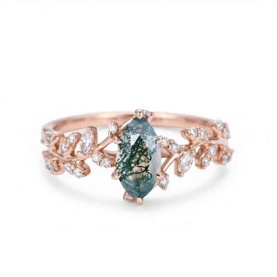 1.28CT Marquise Cut Moss Agate & Round Cut Moissanite S925 Silver Engagement Ring