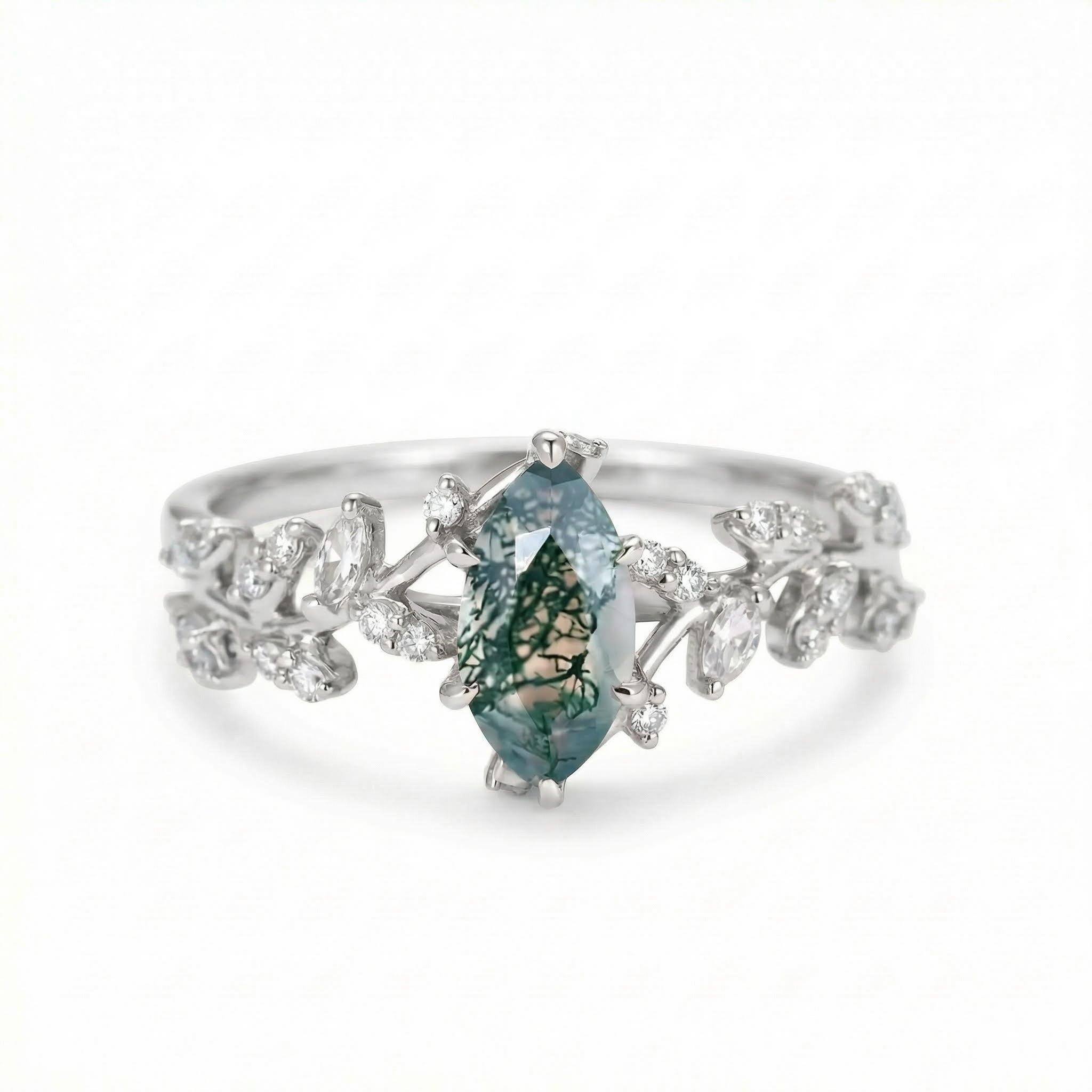 1.28CT Marquise Cut Moss Agate & Round Cut Moissanite S925 Silver Engagement Ring