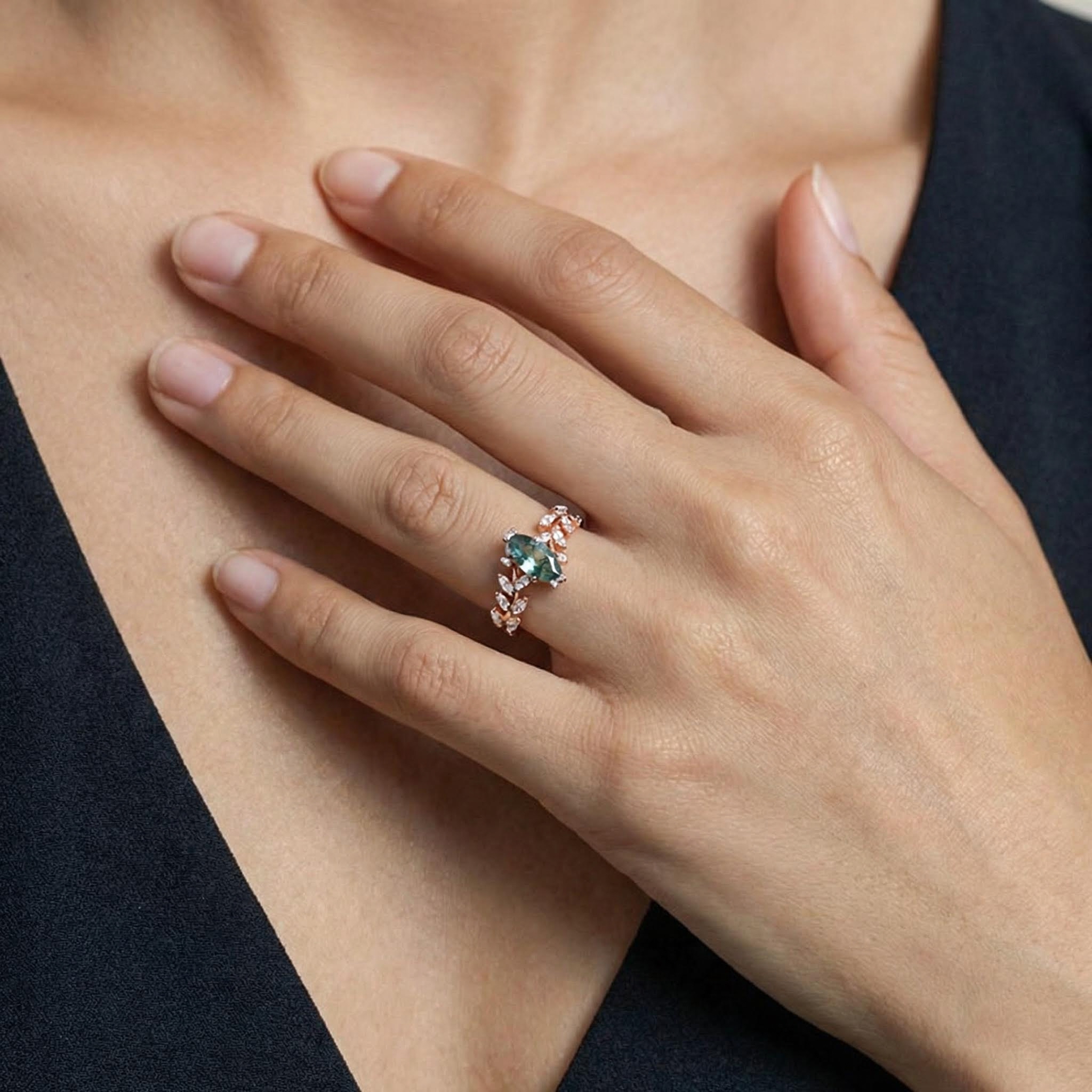 1.28CT Marquise Cut Moss Agate & Round Cut Moissanite S925 Silver Engagement Ring