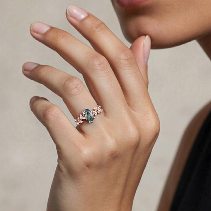 1.28CT Marquise Cut Moss Agate & Round Cut Moissanite S925 Silver Engagement Ring